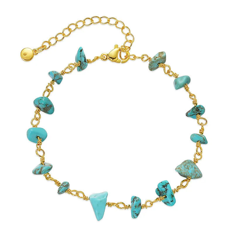 Women's irregular natural gravel turquoise bracelet in 18K copper with geometric design and crystal accents