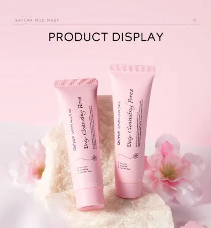 Cherry blossom mud mask 30g packaging with facial mask application for cleansing and hydrating skincare