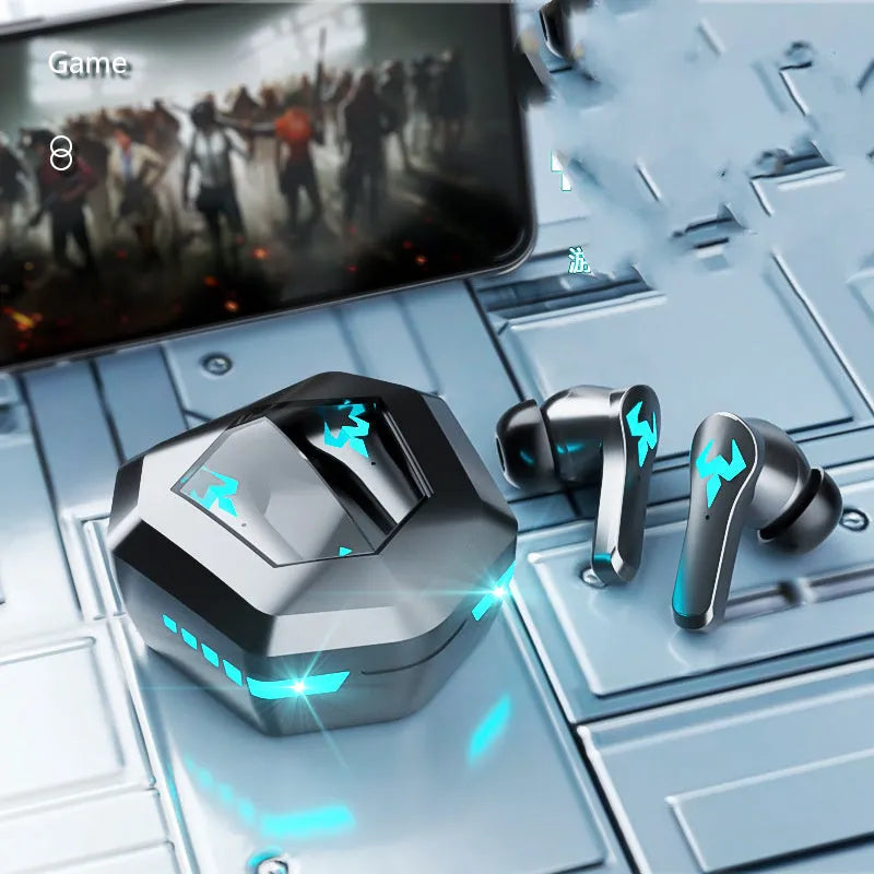 Black wireless in-ear sports gaming headset with noise-cancelling technology
