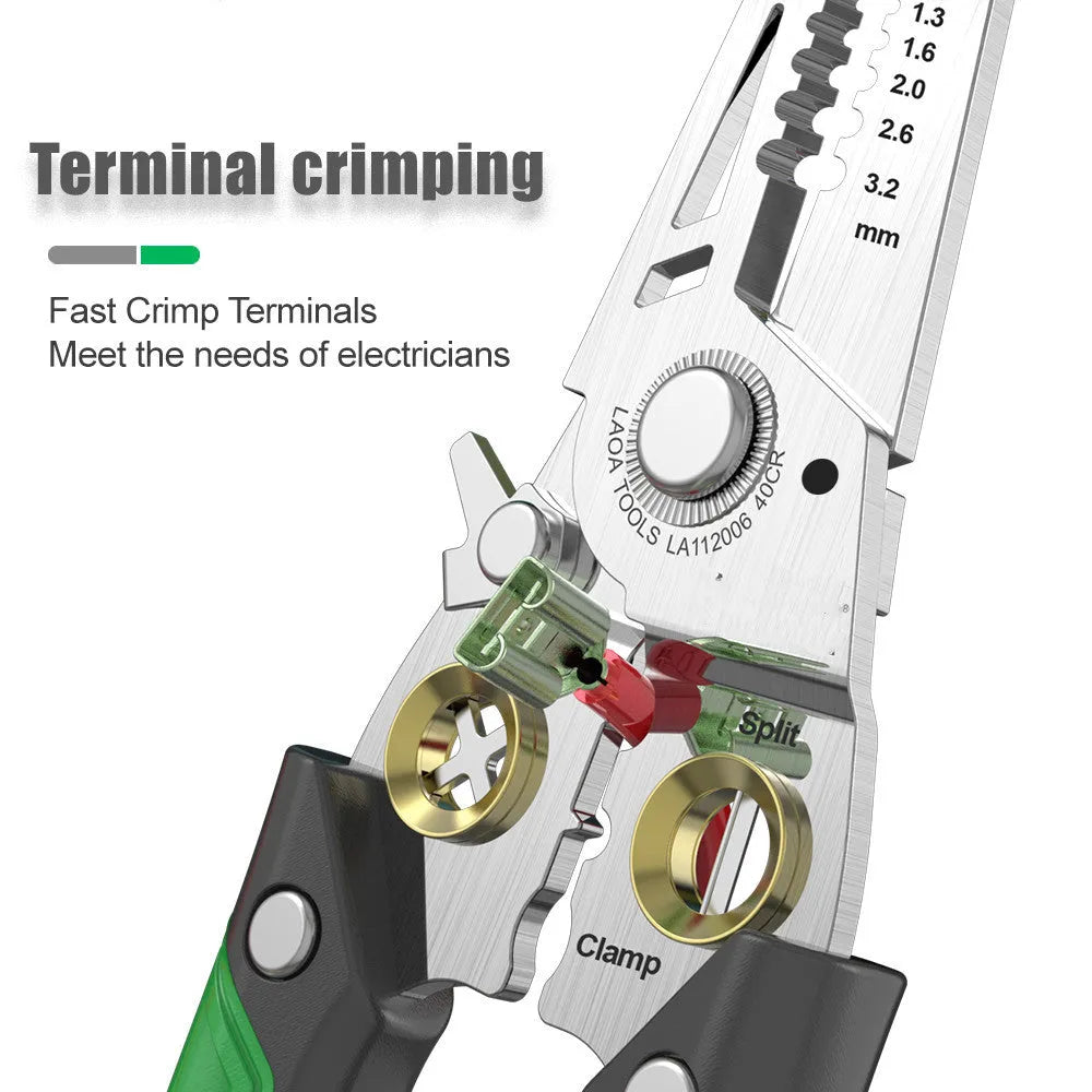 Multifunctional stainless steel wire stripper tool with two-colour handle showing seven stripping ports.
