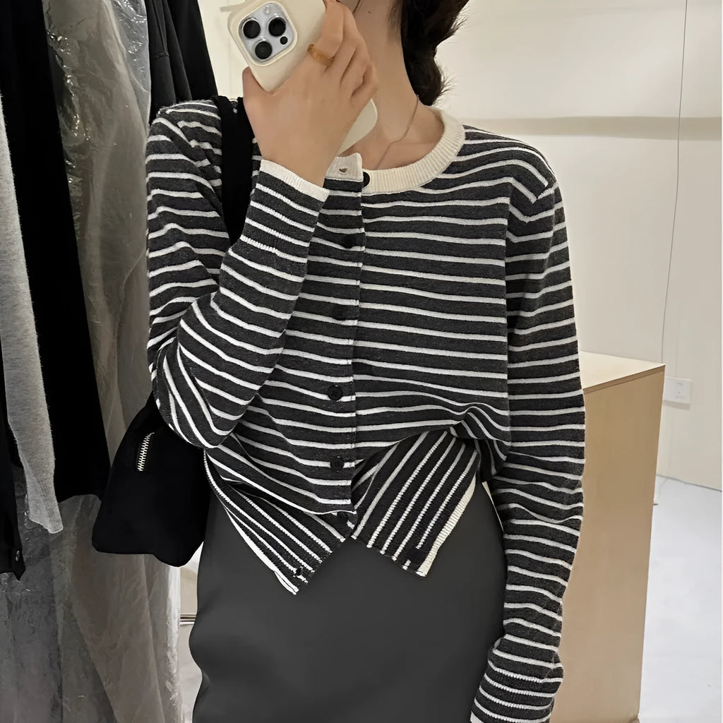 Women's dark grey white striped cardigan with 40cm length and slim fit viscose blend fabric