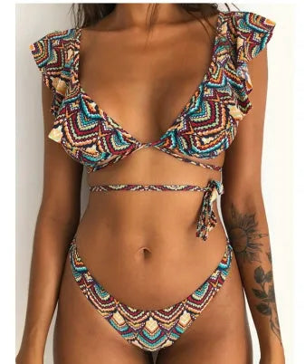 Women's split printed bikini set with yellow flowers, high elasticity nylon, backless retro dots design