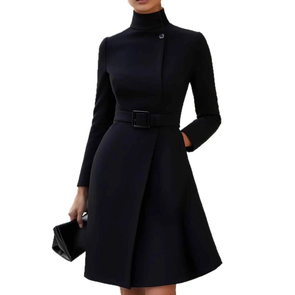 Women's long sleeve high-waist casual dress in black with stand collar and zipper