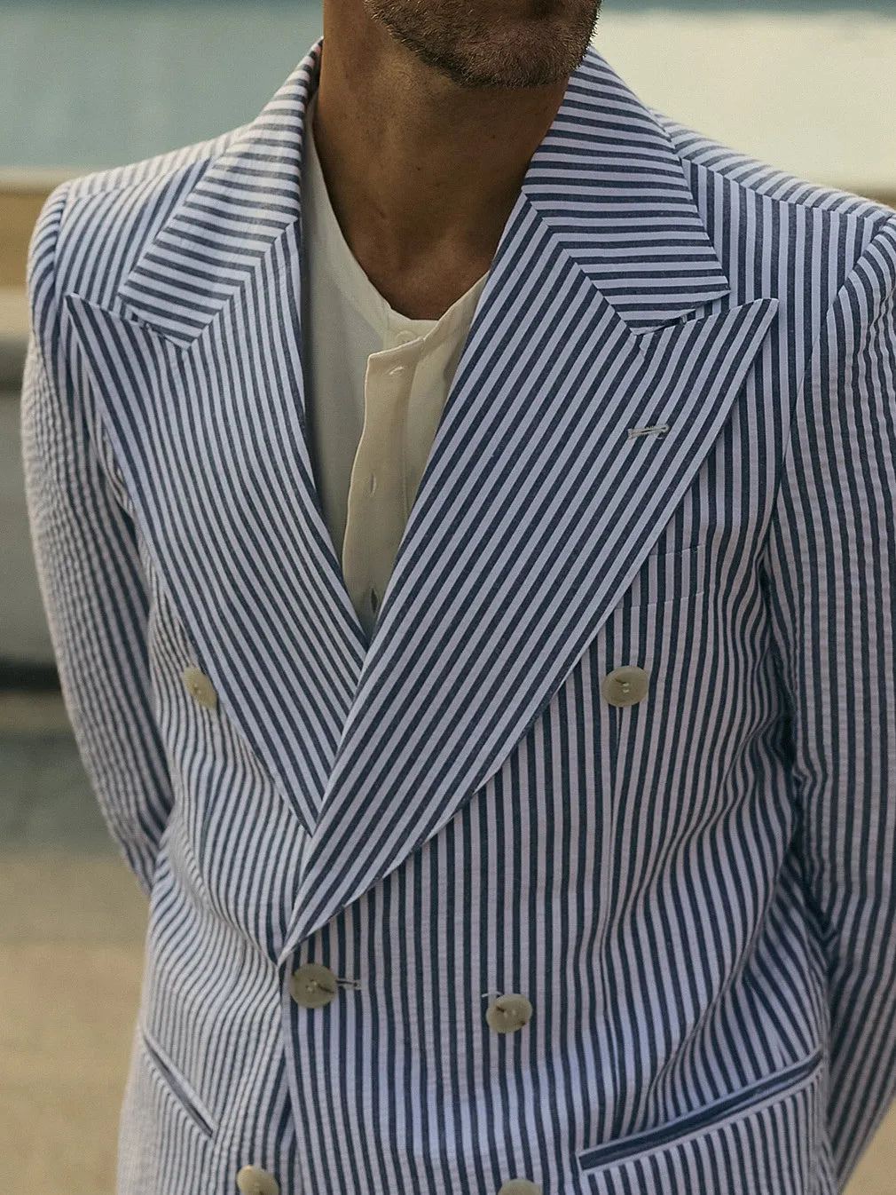 Blue and white striped polyester suit set with blazer and trousers regular fit