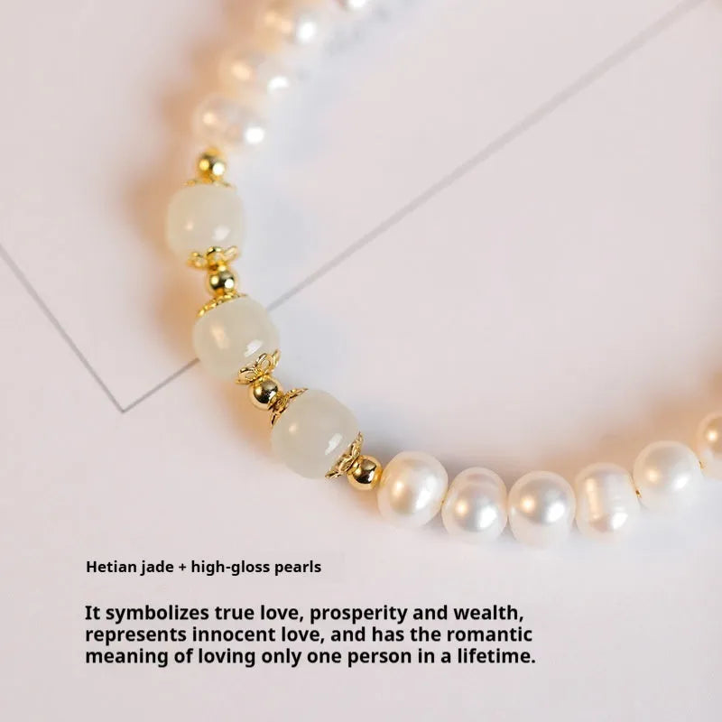 Natural freshwater pearl bracelet in diamond shape, available in deep or light Hetian jade colour.