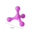 Blue silicone puppy chew toy shaped like a bone with three legs on a white background.