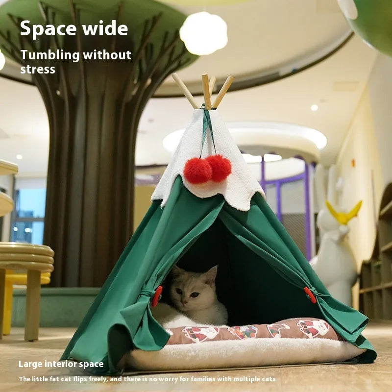 Winter warm semi-closed cat house deep sleep bed thickened cloth brown mat 50x50x68cm