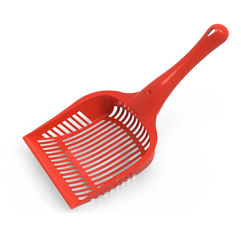 Red, yellow, and blue plastic cat litter scoops showing small and medium size options