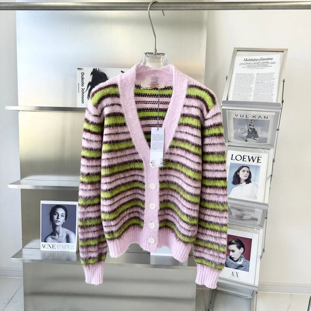 Pink wool knitted cardigan sweater with socialite styling and contrast colour details