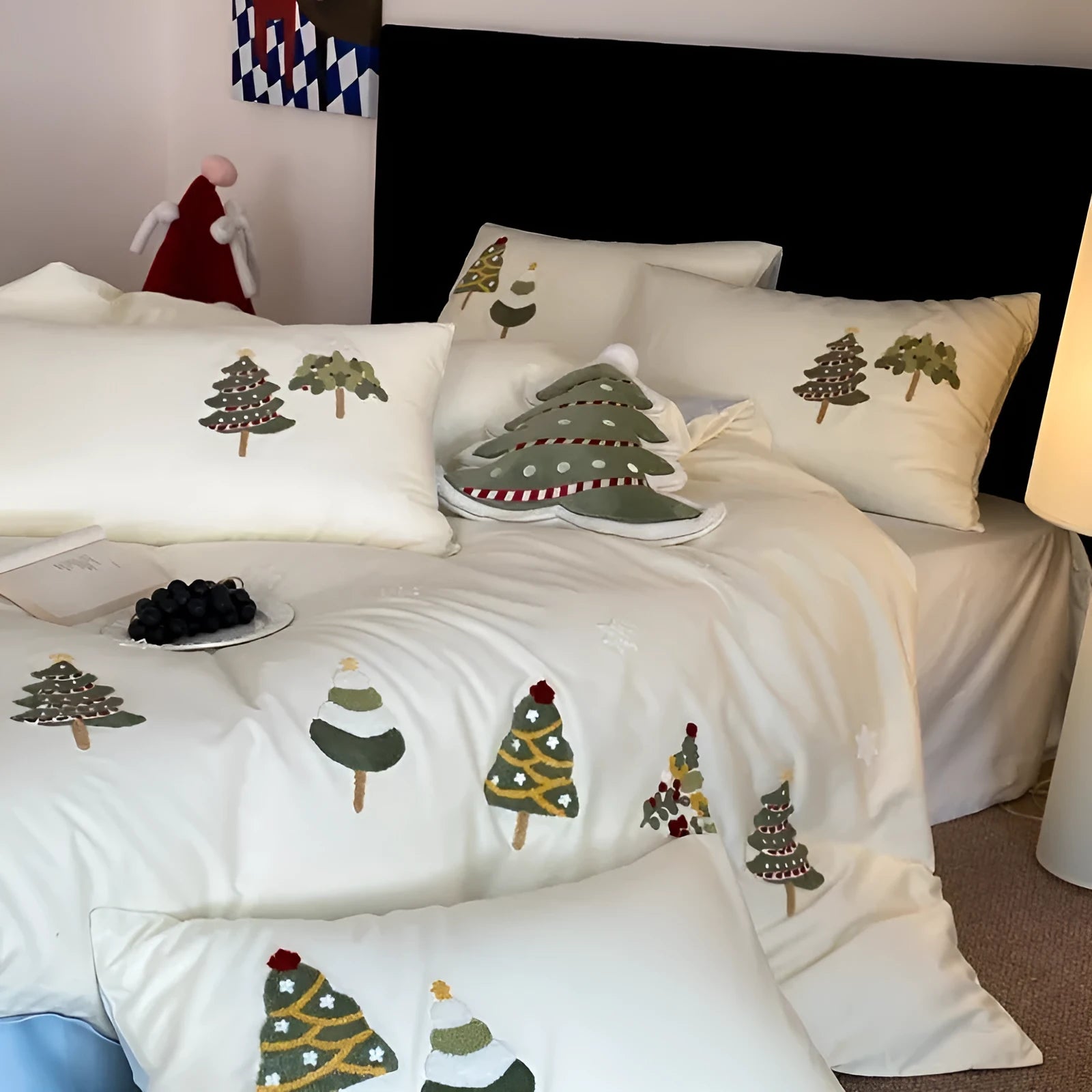 Cream Blue cotton bedding set with embroidered Christmas tree and floral pattern, showing duvet cover and pillowcases.