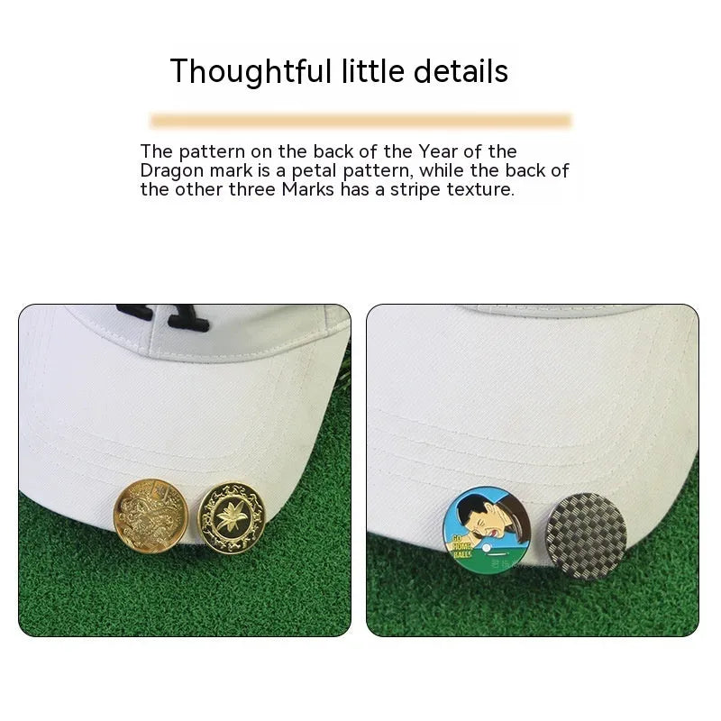 Zinc alloy golf hat clip showing Dragon Year, IDID logo, ace licking ball, and hair blowing machine design options
