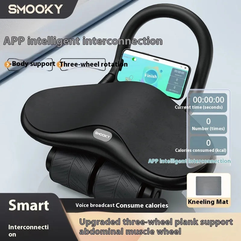 Three-wheel abdominal exercise roller with automatic rebound, black, with kneel pad on a floor
