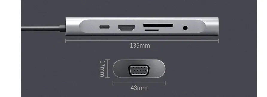 Grey aluminium USB-C docking station with HDMI, VGA, USB 3.0, and charging ports