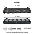 Black ABS plastic wall-mounted fishing rod holder rack shown in upright and horizontal styles.