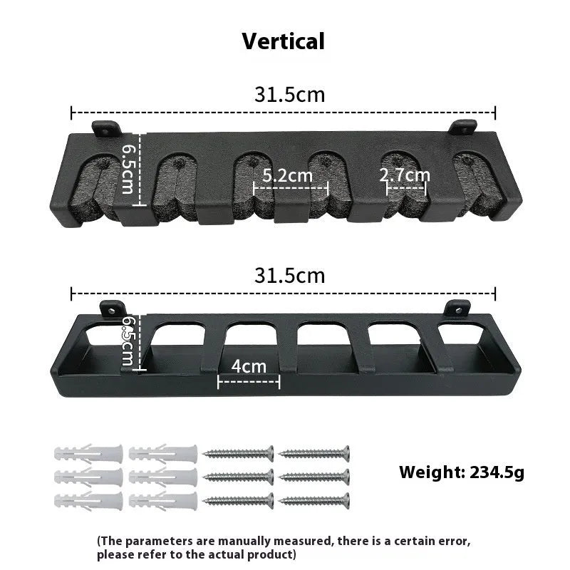 Black ABS plastic wall-mounted fishing rod holder rack shown in upright and horizontal styles.