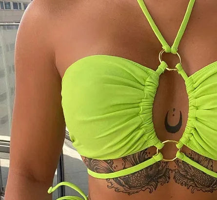 Women's split bikini lace-up triangle top in yellow green nylon fabric