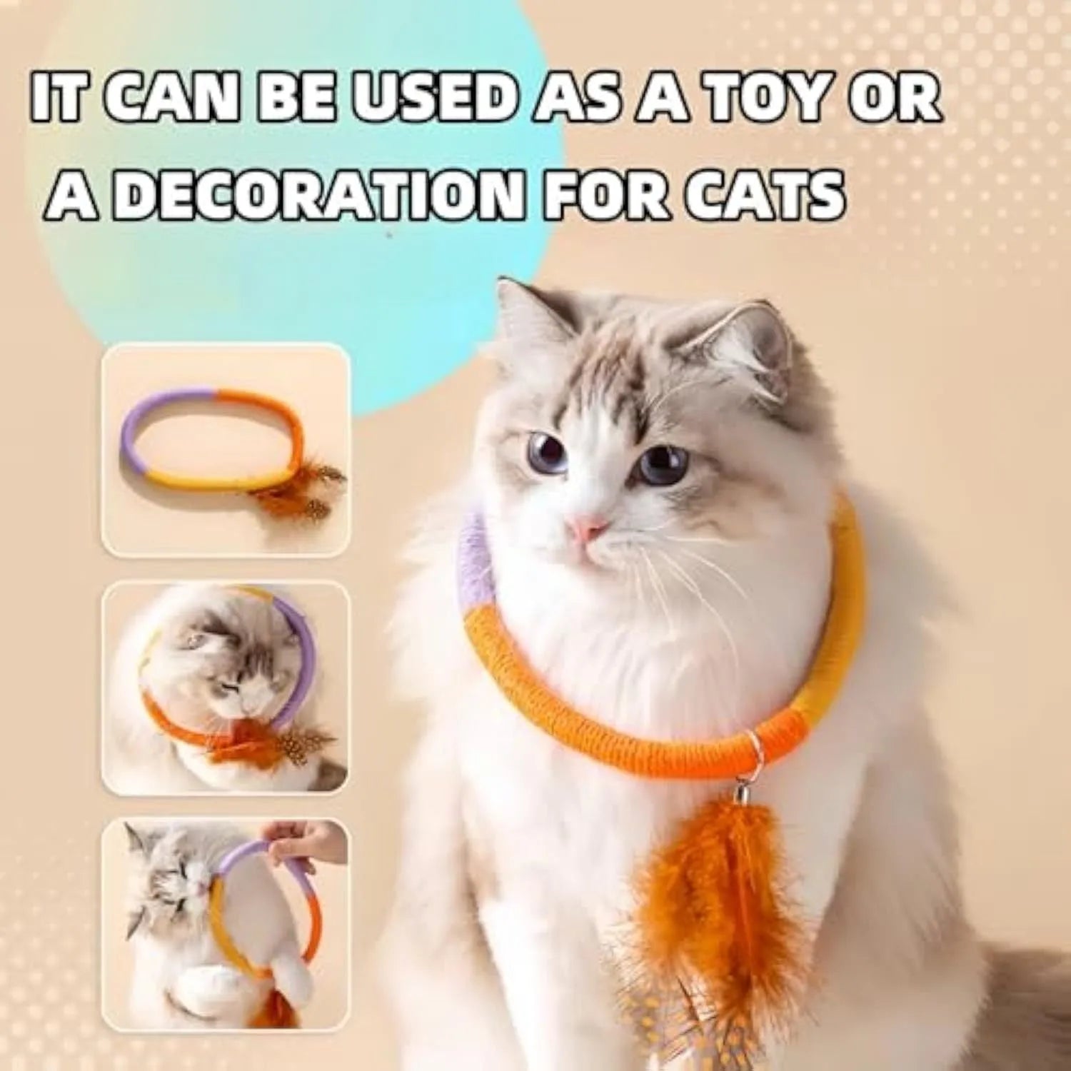 Green circular cotton rope cat toy with feathers and catnip for interactive feline play