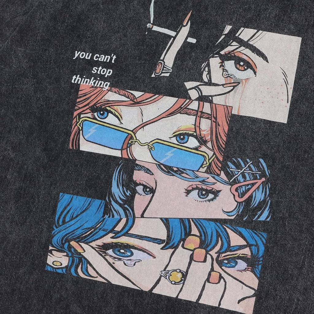 Retro cotton T-shirt with cartoon pattern in loose streetwear style for men