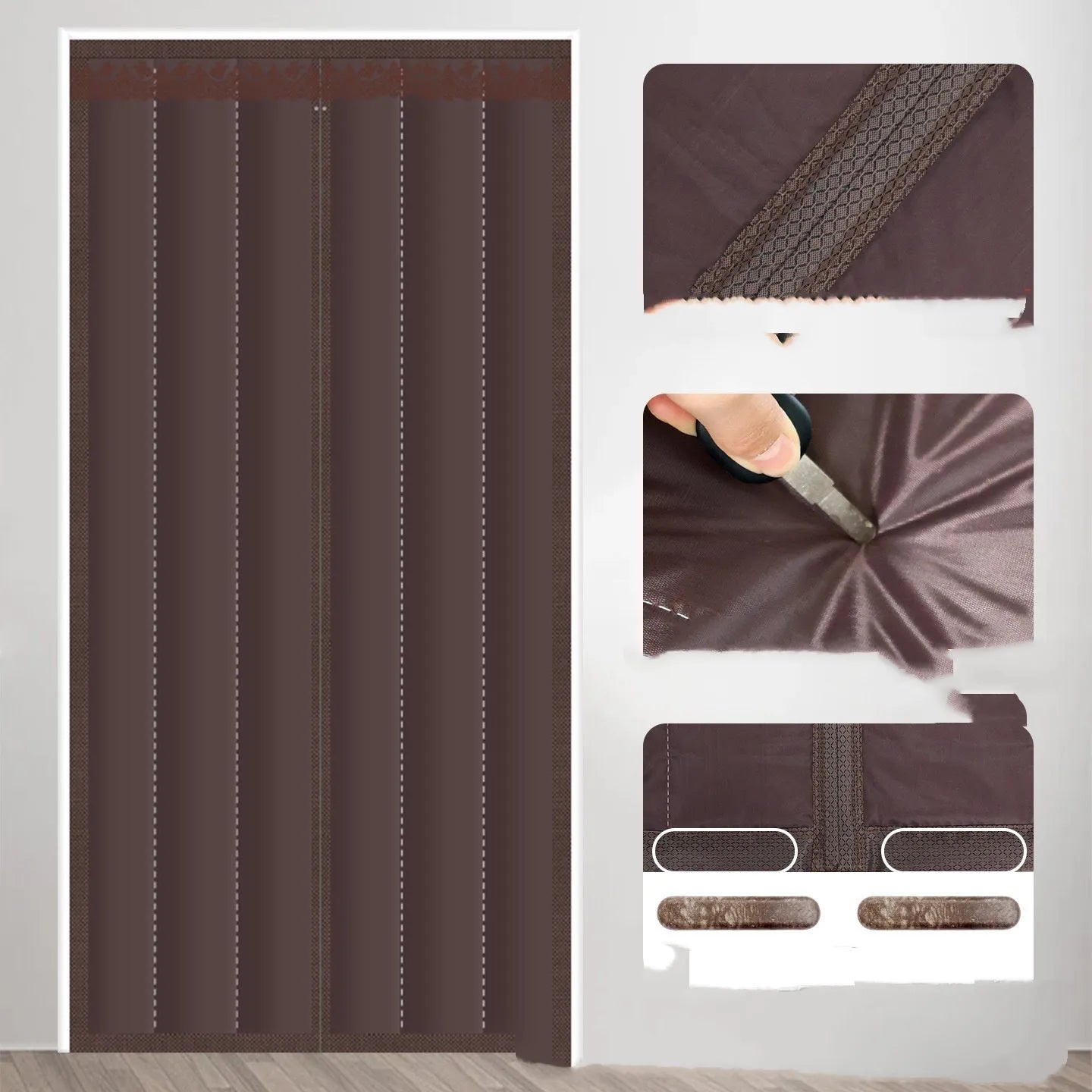 Full seam magnetic door curtain in New Chinese style Oxford cloth coffee vertical stripe pattern for doorway insulation