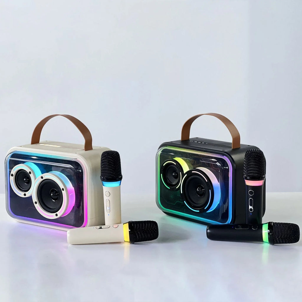 Portable Bluetooth karaoke speaker with RGB lights, black finish, showing speaker grille and control panel