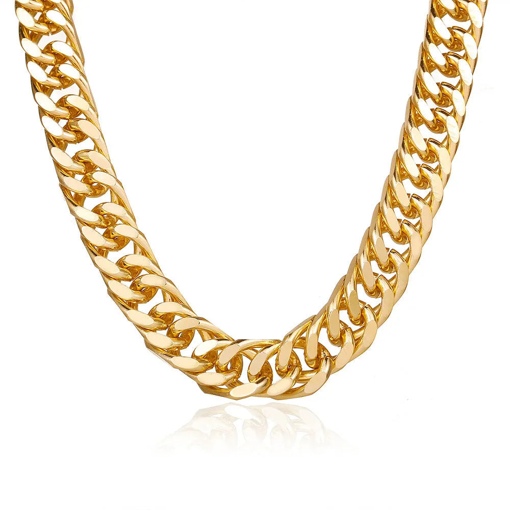 Gold women's thick chain necklace showing 6cm width and 32cm length with electroplated alloy construction
