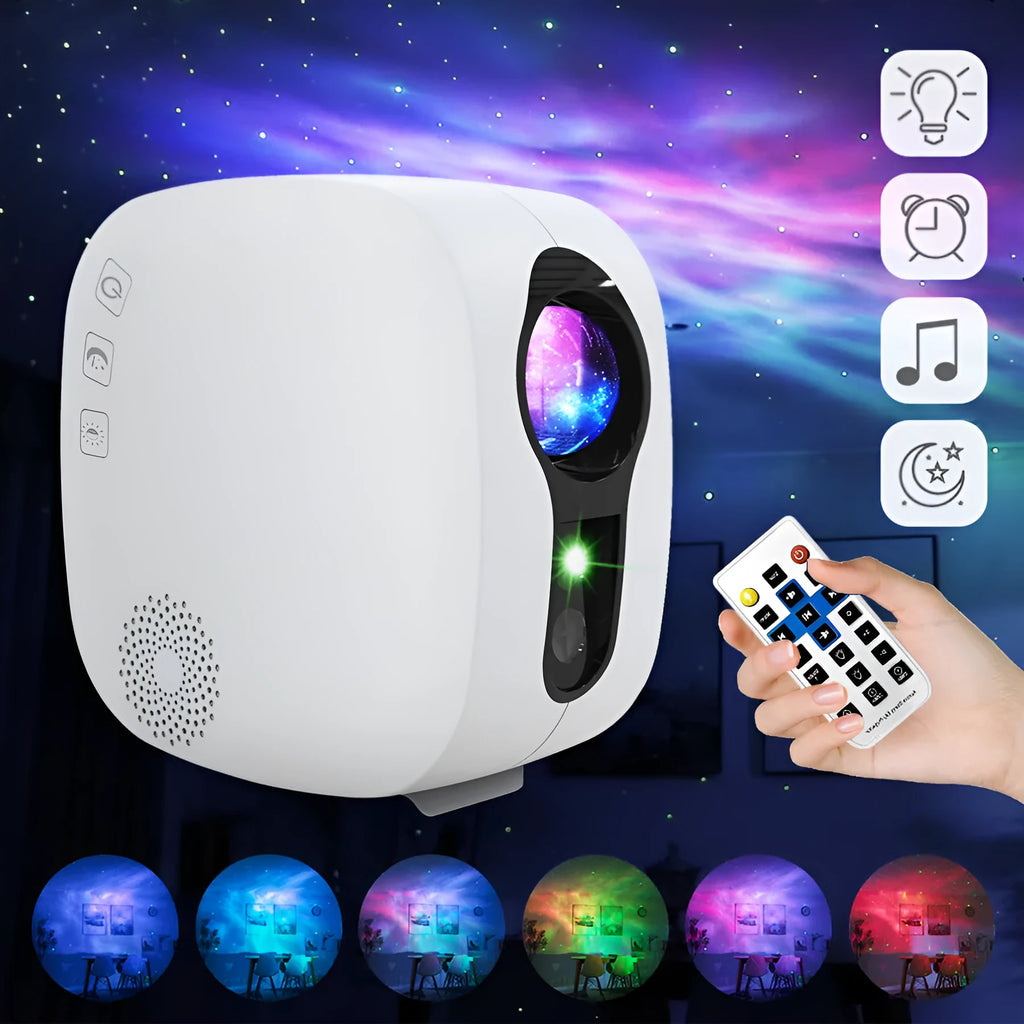 Laser starry sky projection lamp showing colourful nebula and moon pattern, black finish, with USB power cable