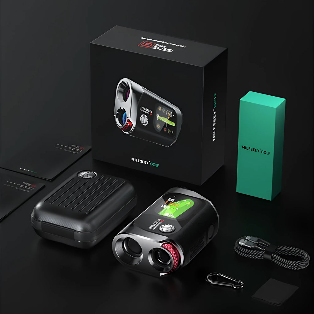 GenePro G1 black golf GPS rangefinder with AMOLED touchscreen showing distance measurement display