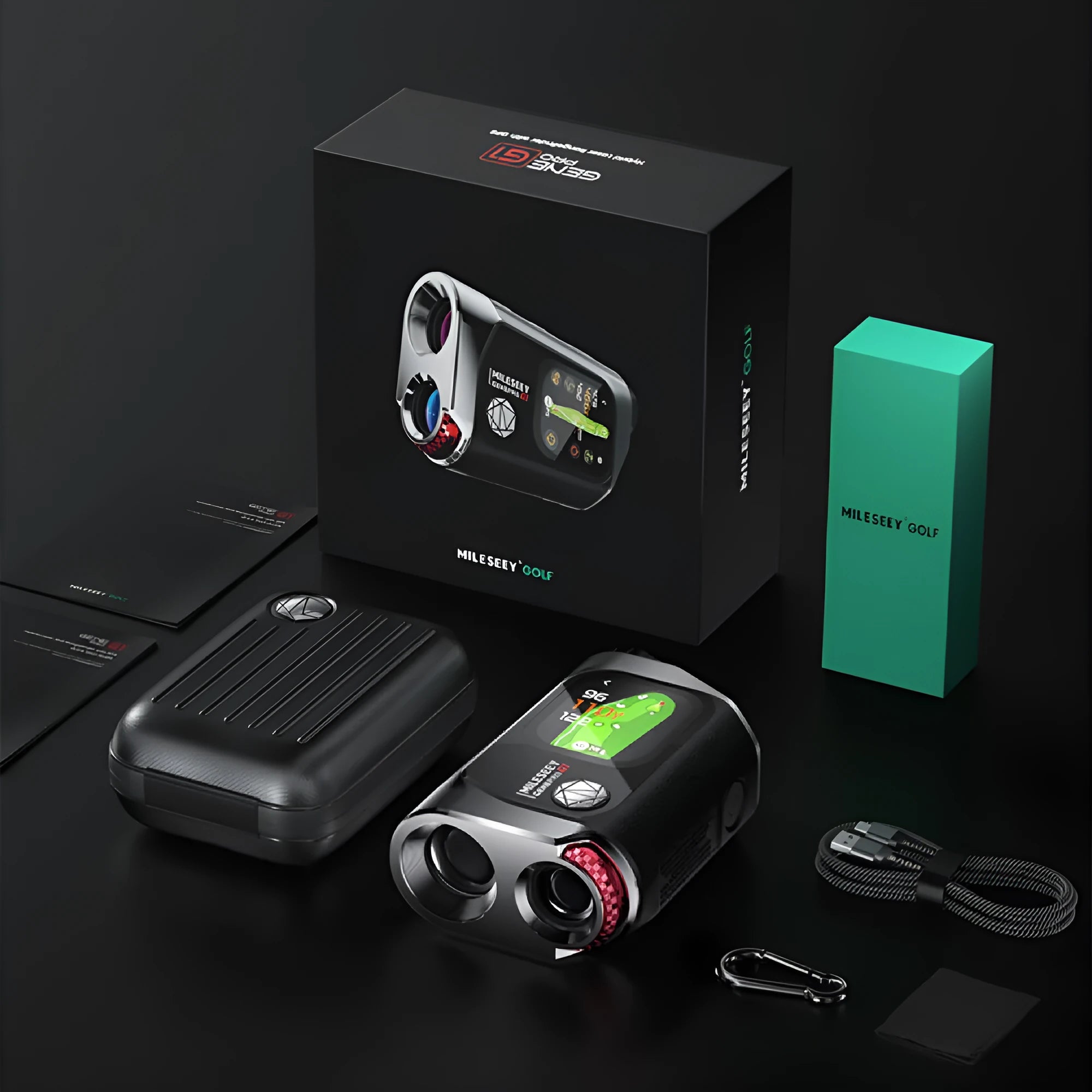 GenePro G1 black golf GPS rangefinder with AMOLED touchscreen showing distance measurement display