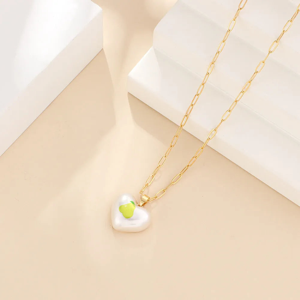 Fruit pendant heart necklace with strawberry apple pear pineapple cherry designs and adjustable chain