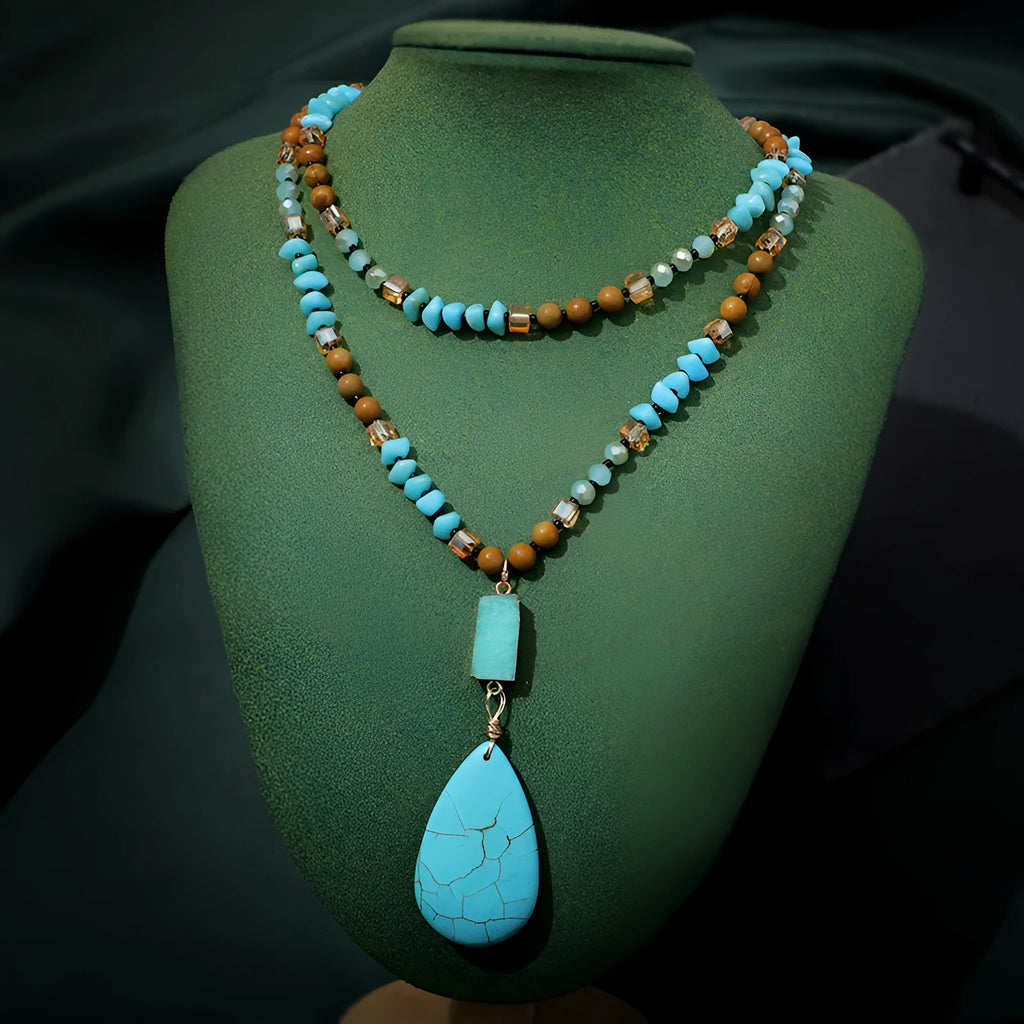 Blue turquoise imitation mineral pendant necklace with water drop shape and ball bead chain