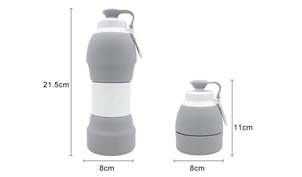 Silicone folding water bottle 580ml in grey, collapsed and full size, food grade portable sport bottle