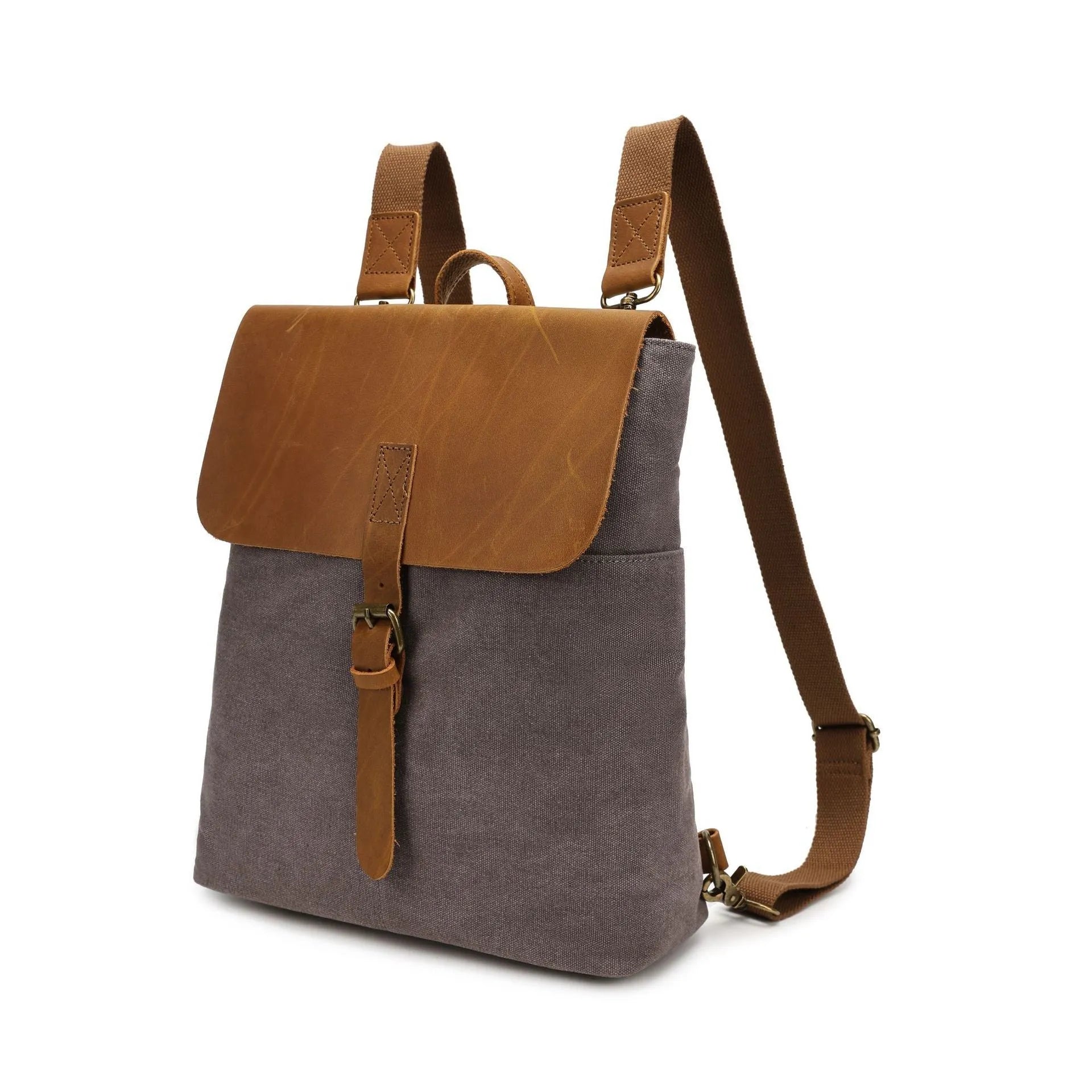 Canvas waterproof backpack with splicing design in khaki colour, 29x13x35cm