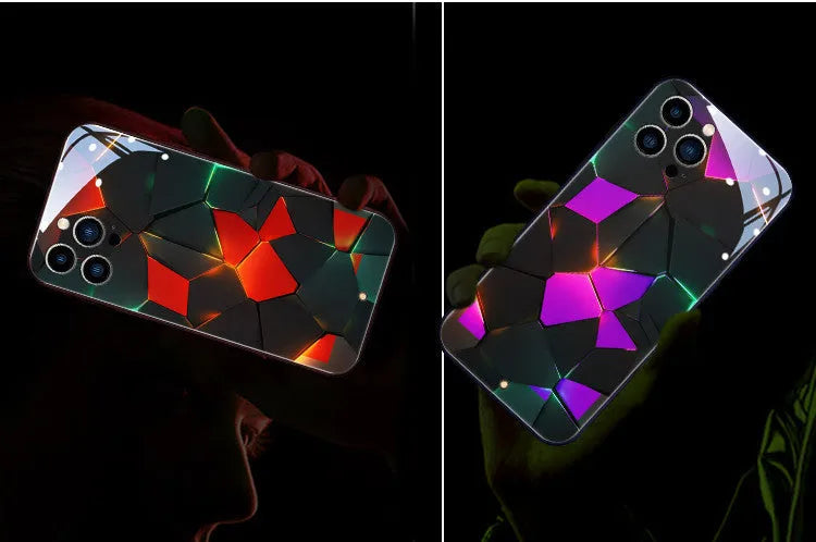 Xpress 14 tempered glass iPhone case with illuminated light-up notification feature on a phone.