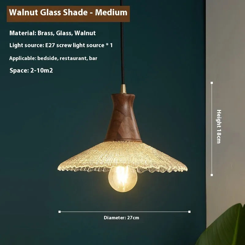 Wood and glass ceiling chandelier with brass finish, shown in small, medium and large sizes.