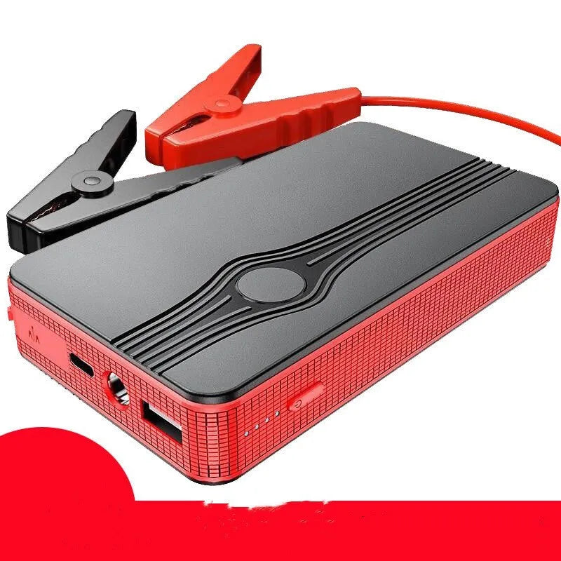 Red K4-E automobile emergency jump starter power bank with data cable, compact rectangular design.