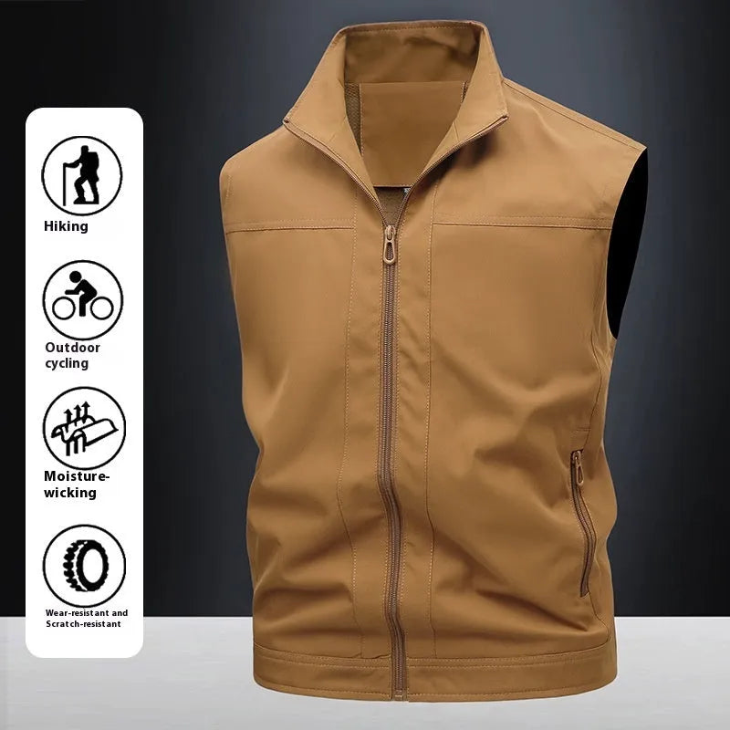 Men's casual workwear jacket with stand-up collar in solid colour, loose fit, polyester blend fabric