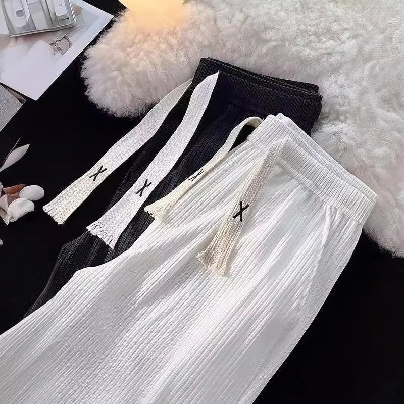 Ice silk thread men's loose straight casual trousers in black solid colour cotton fabric leisure pants