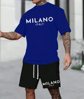 European and American style round neck short sleeve polyester suit set in blue, showing top and shorts.