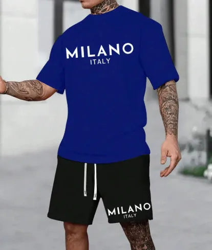 European and American style round neck short sleeve polyester suit set in blue, showing top and shorts.