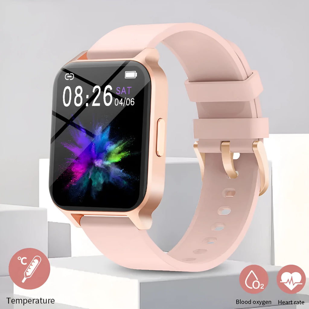 Smart colour screen health detection watch with black mesh strap displaying heart rate and blood oxygen data.