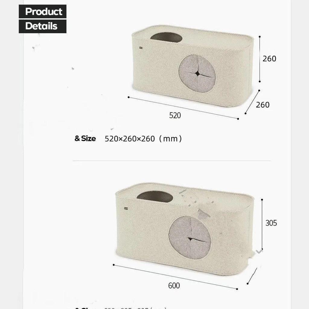 Foldable felt cat bed in khaki, 52x26x26cm size, shown on floor