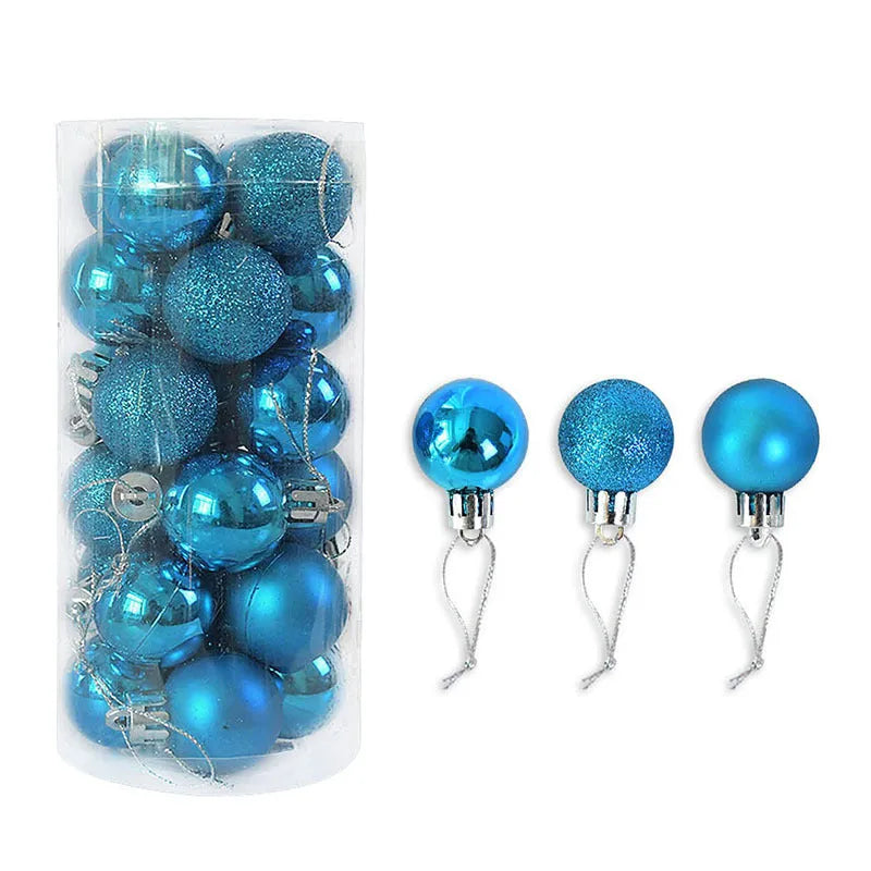 Assortment of 3cm shiny and matte finish Christmas decoration balls in gold, red, silver, and blue colours.