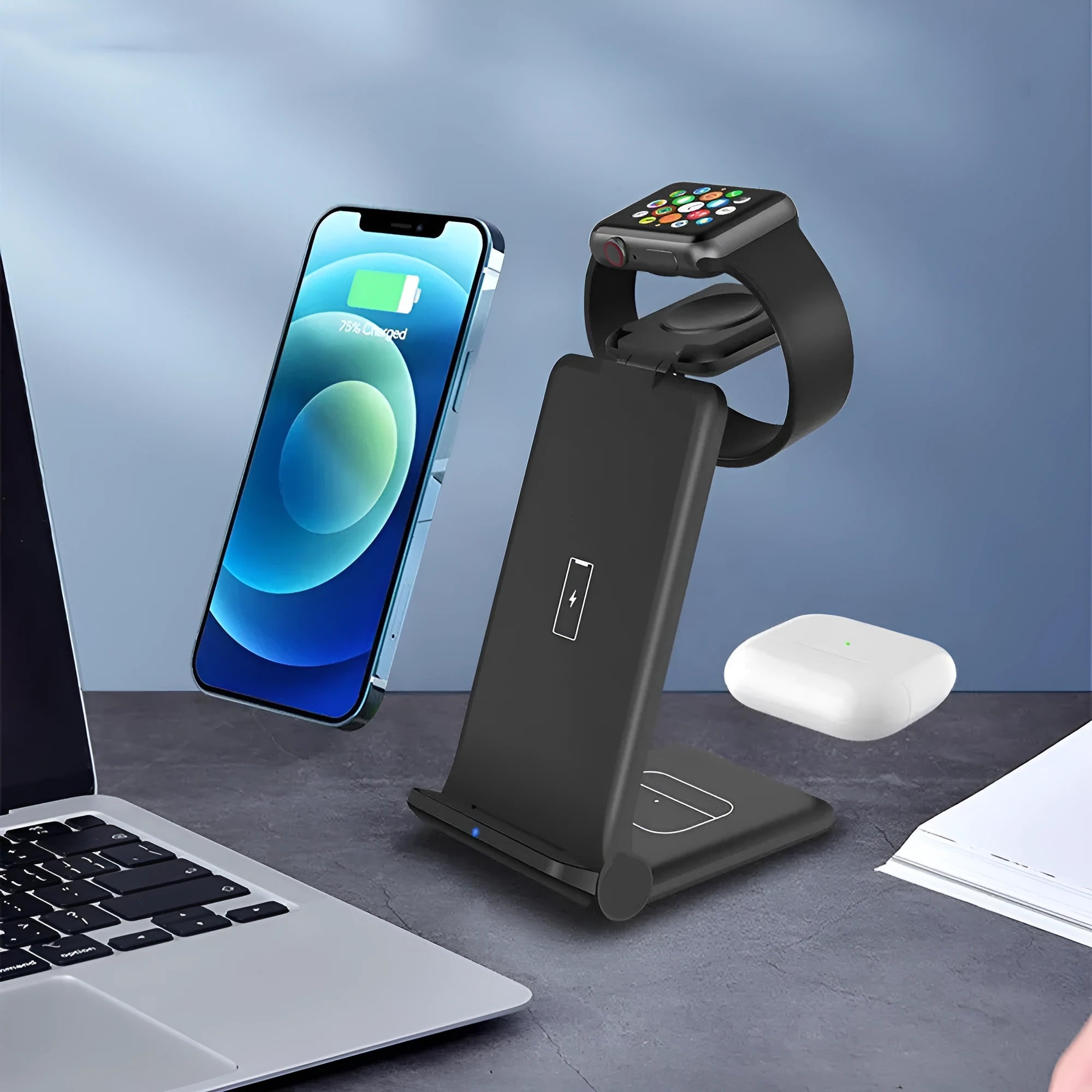 White foldable 3-in-1 wireless charging station dock for iPhone, Samsung phone, Apple Watch, and AirPods.