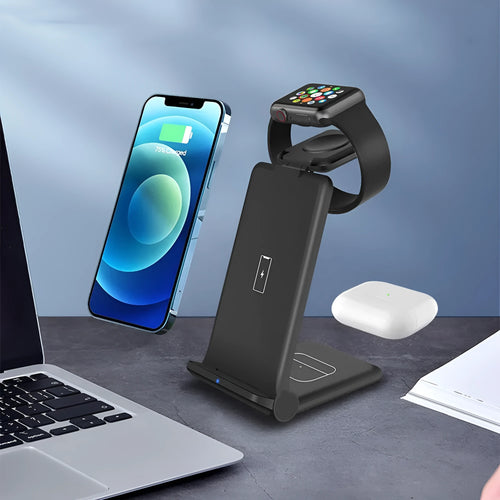 White foldable 3-in-1 wireless charging station dock for iPhone, Samsung phone, Apple Watch, and AirPods.