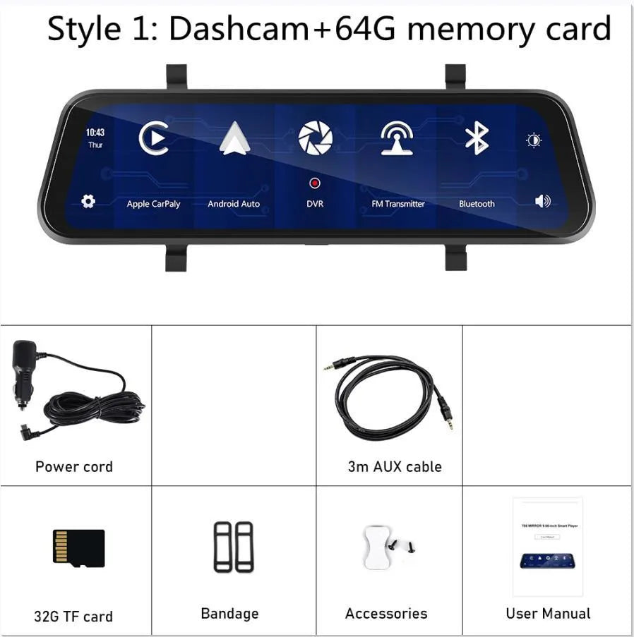 9.66-inch HD wired dashcam driving recorder with night vision, 160° wide angle, IP68 waterproof, and 64GB memory card