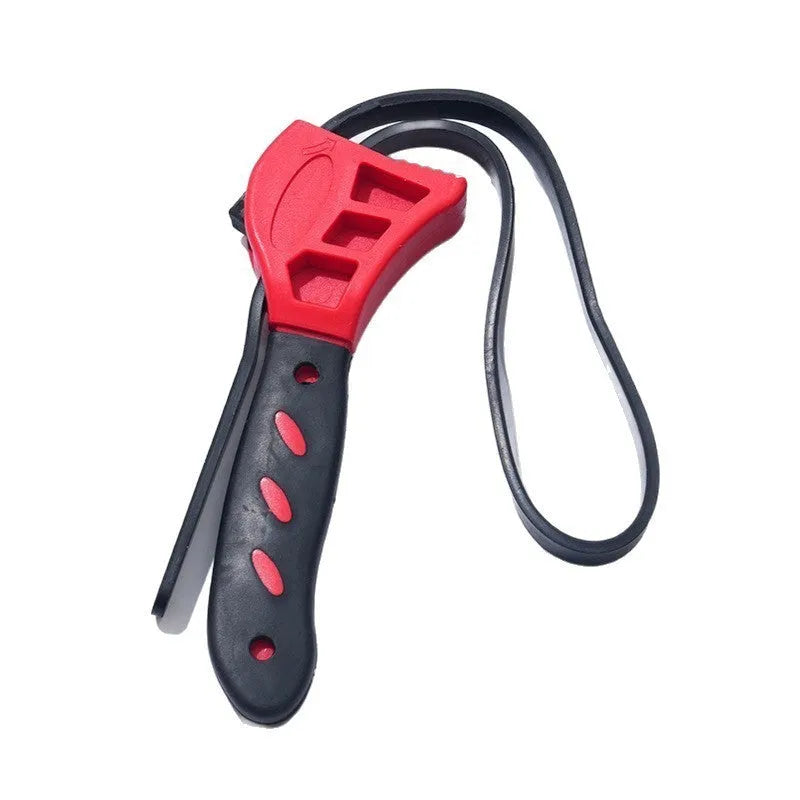 Adjustable rubber strap wrench with plastic handle, shown with 6-inch and 8-inch sizes for pipes and filters.