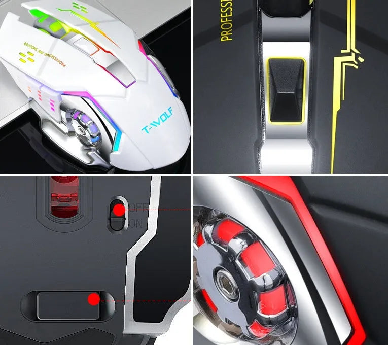 Black and white wireless mouse with USB charging cable and six buttons