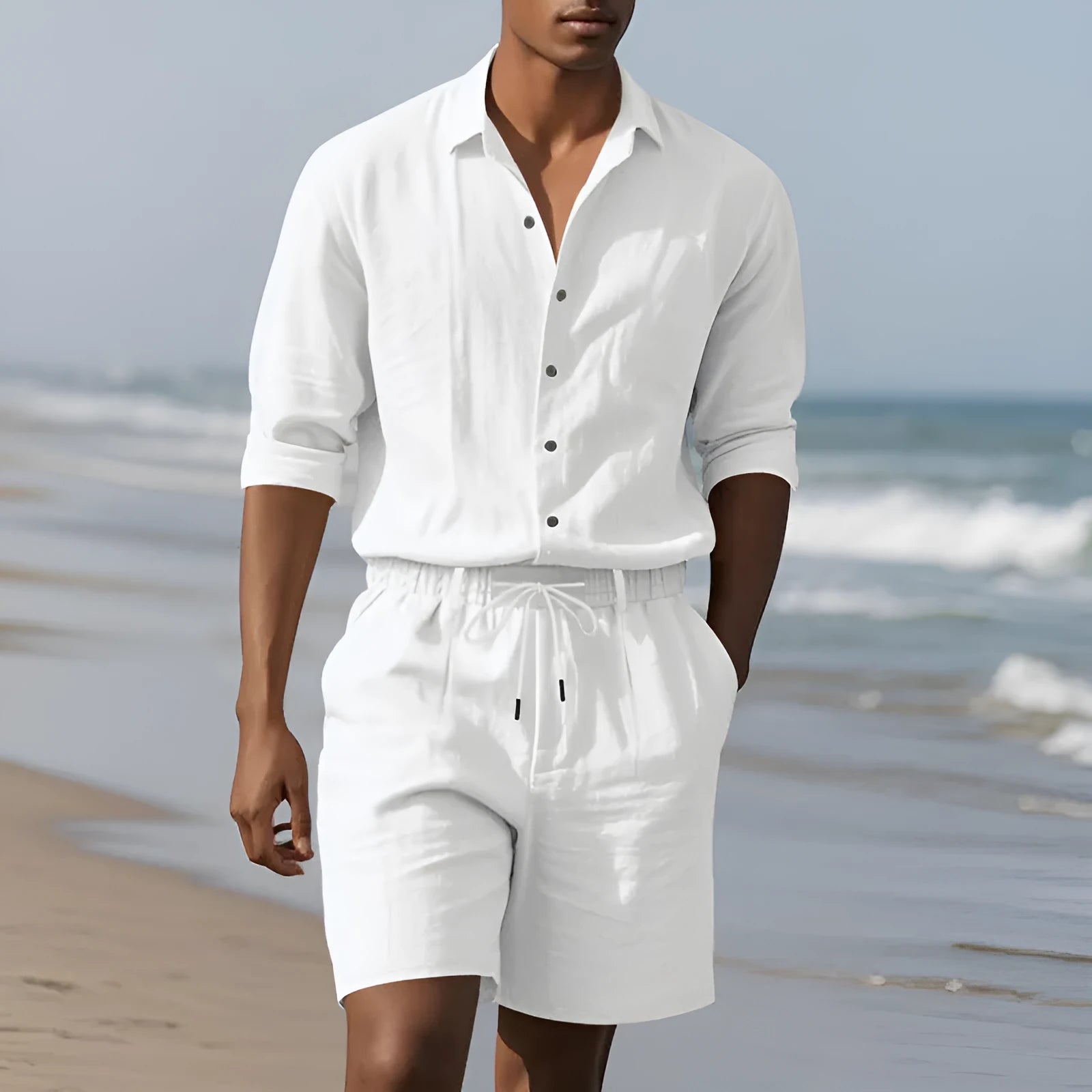 Men's casual linen beach suit set featuring a long sleeve shirt and matching shorts.