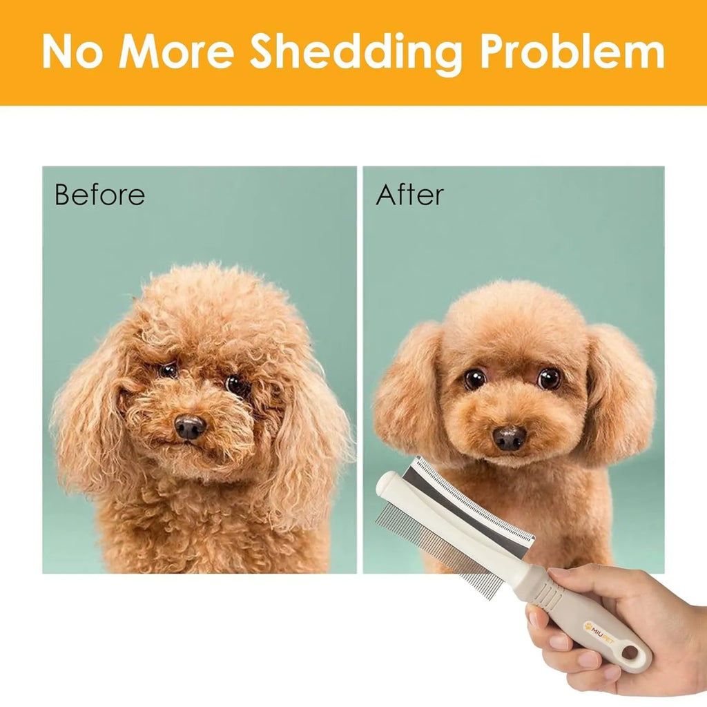 White double-sided pet grooming brush showing comb and deshedding sides, with ergonomic anti-slip handle.