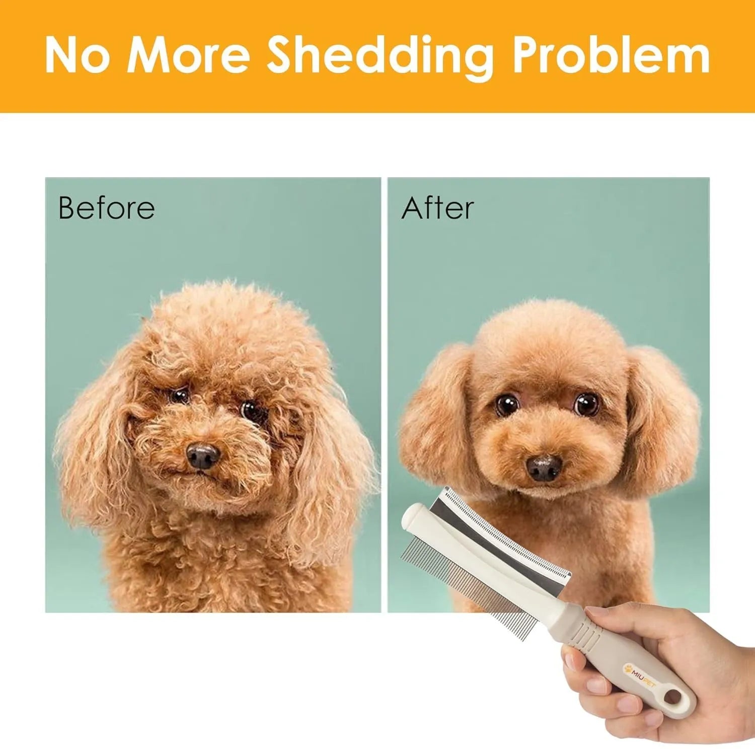 White double-sided pet grooming brush showing comb and deshedding sides, with ergonomic anti-slip handle.